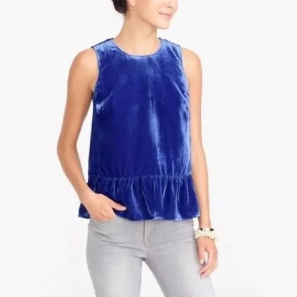J. Crew Sleeveless Velvet Scoop Neck Popover Tank Top Ruffled Hem Cobalt Blue 0 - Picture 12 of 12